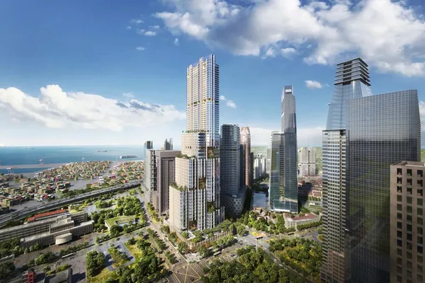 Aerial rendering of 8 Shenton Way in Singapore's CBD