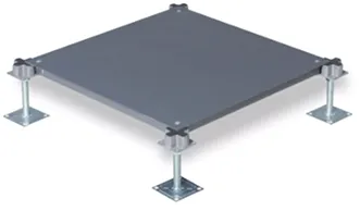 Bare raised floor panel on four adjustable pedestals